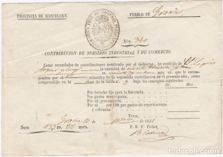 Documents Anciens: Pueblo de Gracia (Barcelona) - Contribuci&oacute;n de Subsidio Industrial y de Comercio - 10.03.1855
