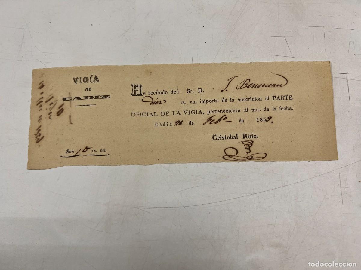 Documenti antichi: VIGIA DE CADIZ. 1859. RECIBO DE SUSCRIPCI&Oacute;N AL PARTE OFICIAL DE LA VIGIA.