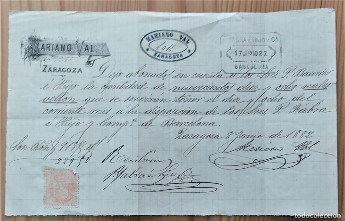 Documentos antiguos: RECIBO DE MARIANO VAL - ZARAGOZA - A&Ntilde;O 1882 - Foto 1