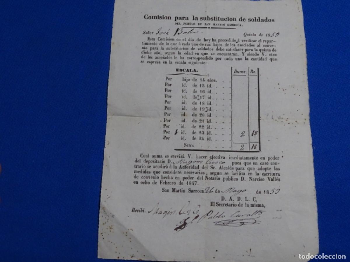 Documentos antiguos: COMISI&Oacute;N PARA LA SUBSTITUCION DE SOLDADOS. SAN MARTIN DE SARROCA 1859