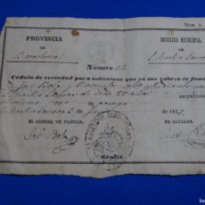 Documentos antiguos: CÉDULA DE VECINDAD. SAN MARTIN DE SARROCA. JOSÉ BOLA. 1859.. Lote 364123956