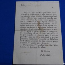 Documentos antiguos: INVITACIÓN DEL ALCALDE DE SAN MARTIN DE SARROCA. JOSÉ BOLA. 1844.. Lote 364124216