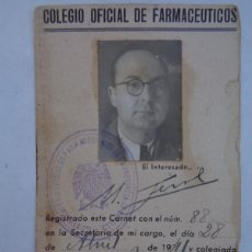 Documentos antiguos: COLEGIO OFICAL DE FARMACEUTICOS : CARNET DE COLEGIADO. SEVILLA, 1941. Lote 365144571