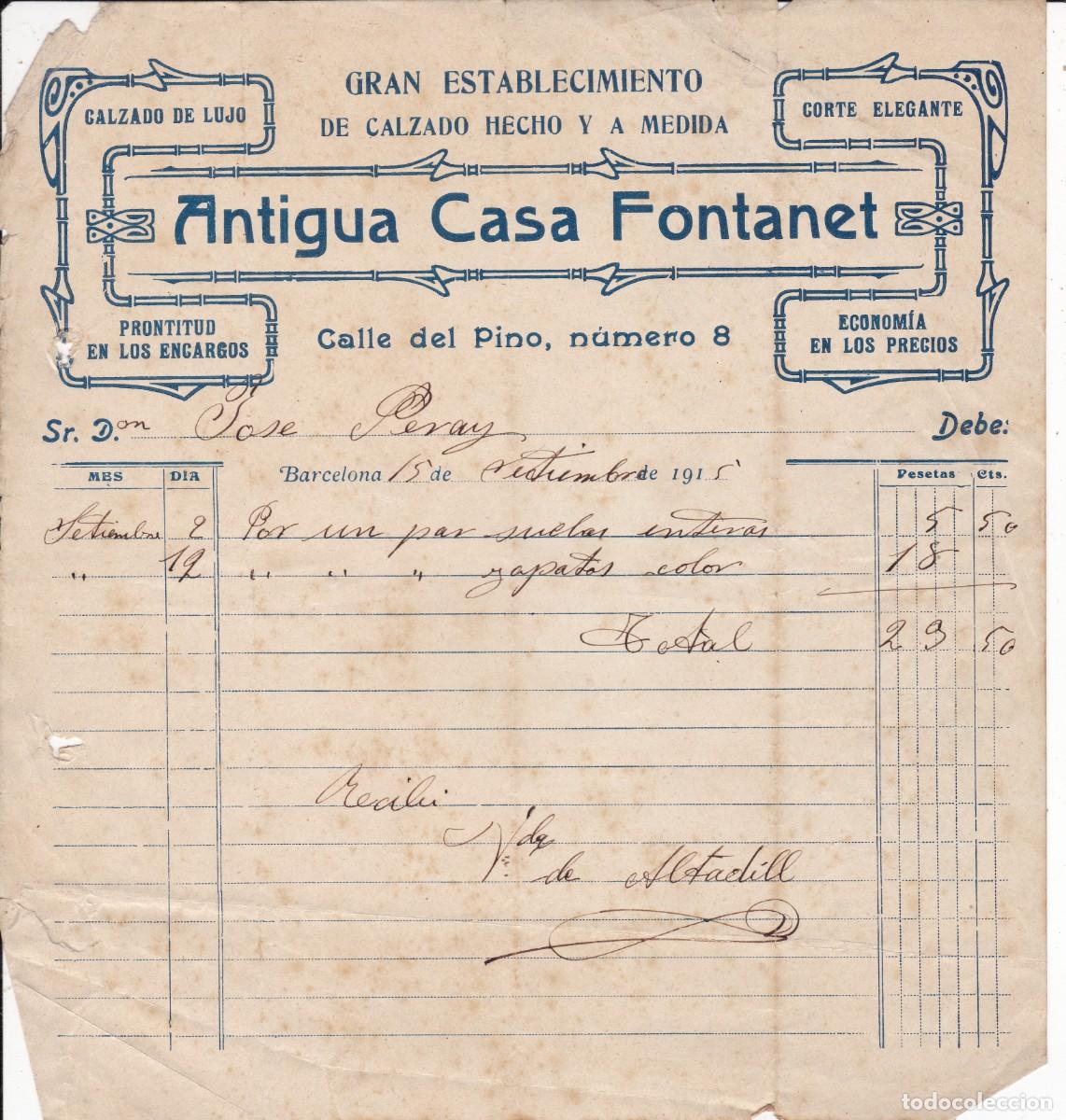Documentos antiguos: Gran Establecimiento de calzado Antigua Casa Fontanet calle Pino Barcelona 1915