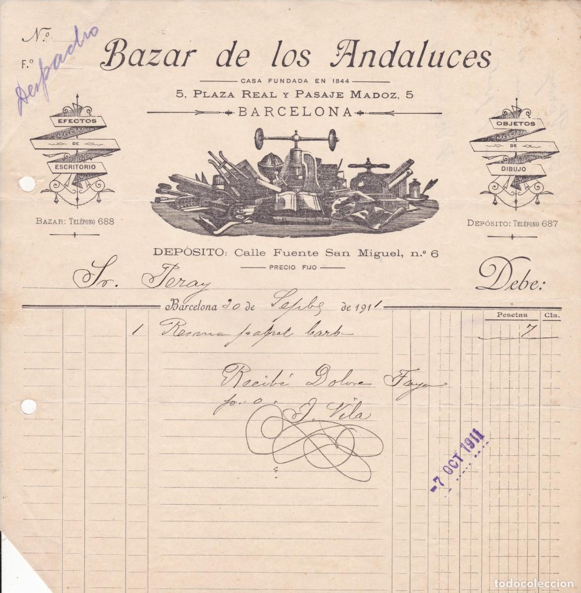 Documentos antiguos: Bazar de los Andaluces plaza real y pasaje Madoz Barcelona 1911