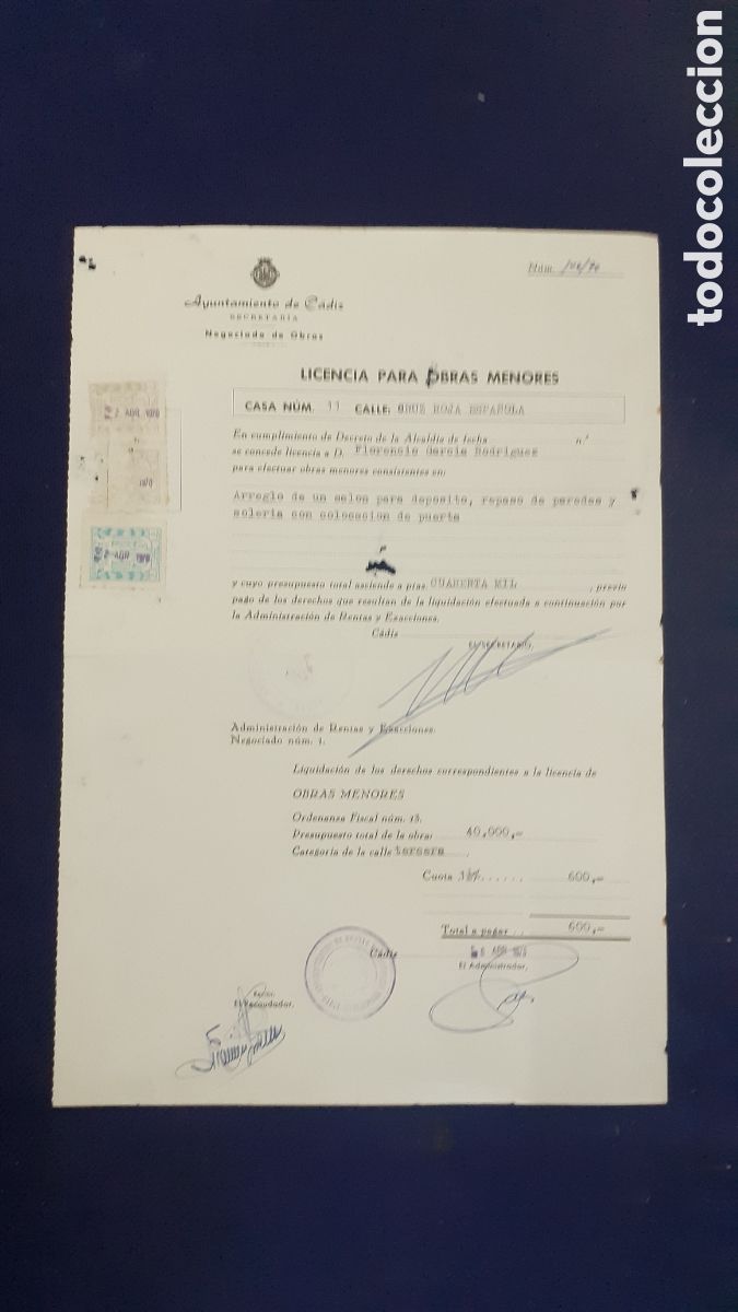 Documentos antiguos: DOCUMENTO LICENCIA PARA OBRAS MENORES, A&Ntilde;O 1970 - Foto 1