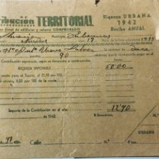 Documentos antiguos: CONTRIBUCIÓN TERRITORIAL 1942 RECIBIDO ANUAL ALMERÍA TABERNAS. Lote 365945221