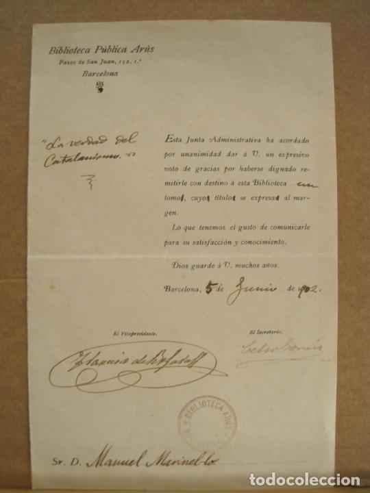 Documentos antiguos: BARCELONA-BIBLIOTECA PUBLICA ARUS-DOCUMENTO FIRMADO-A&Ntilde;O 1902-VER FOTOS-(K-7491)