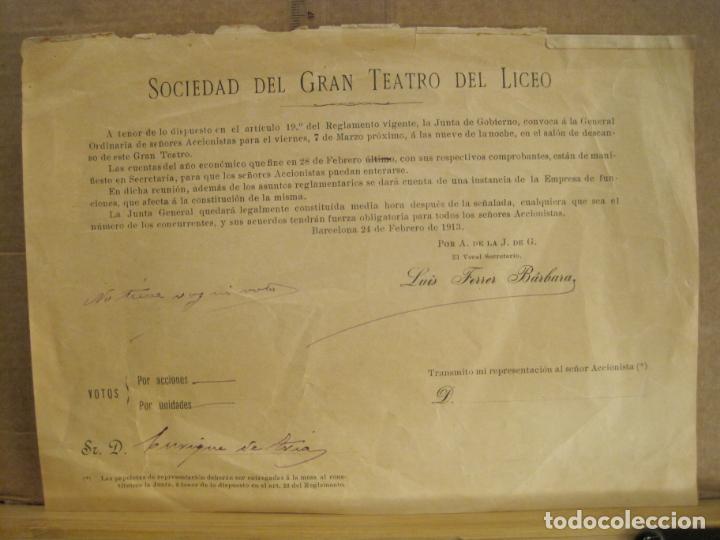Documentos antiguos: BARCELONA-SOCIEDAD GRAN TEATRO DEL LICEO-DOCUMENTO A&Ntilde;O 1913-VER FOTOS-(K-7497)