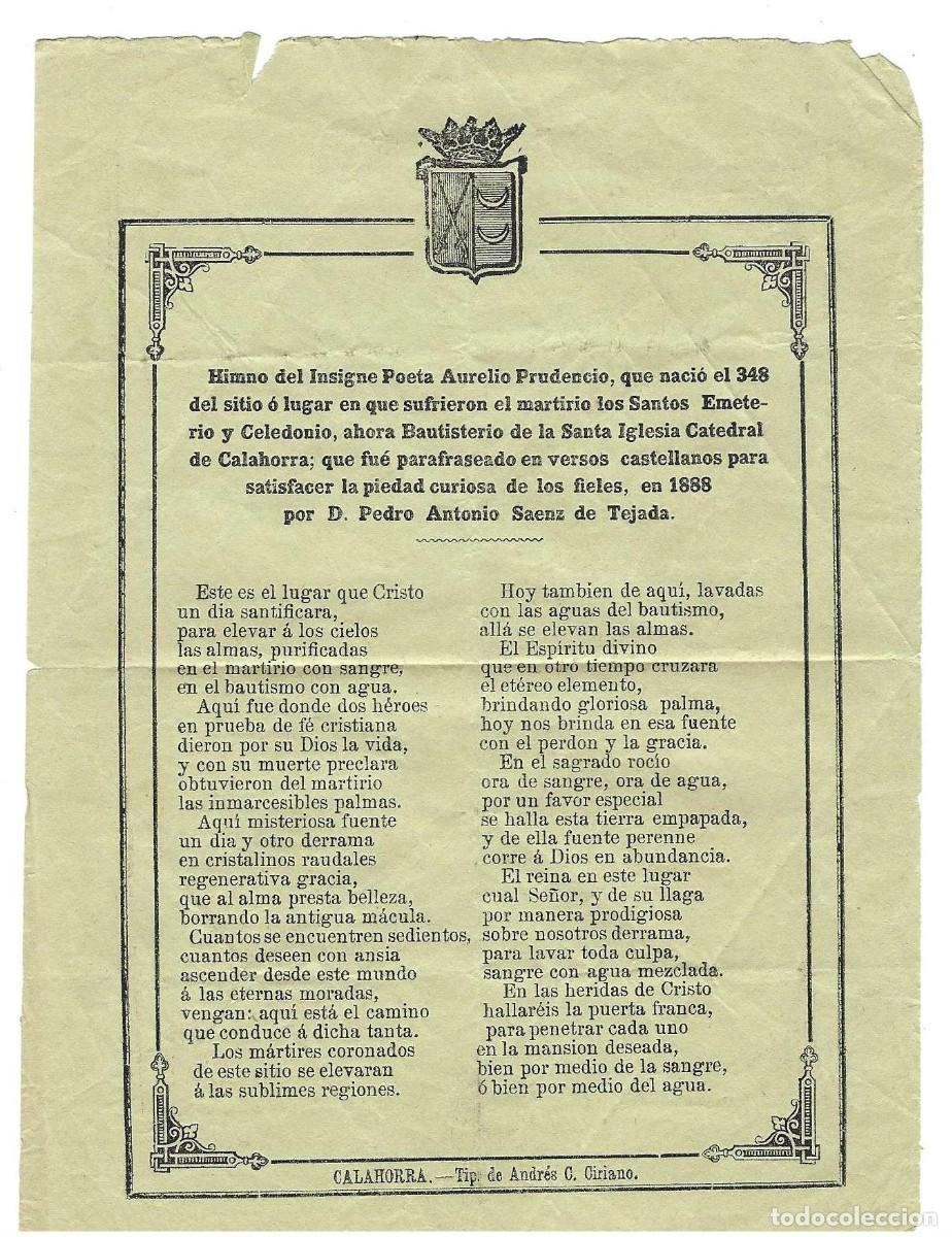 Documentos antiguos: LA RIOJA Himno del Insigne Poeta Aurelio Prudencio ... Calahorra ... 1888 ...
