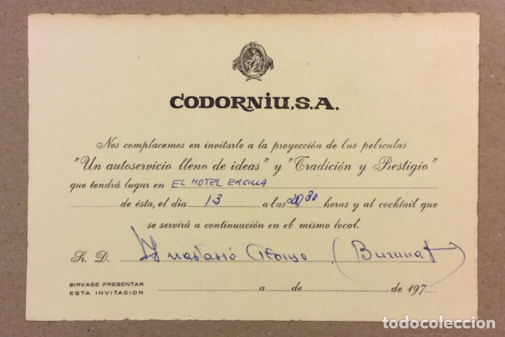 Documentos antiguos: CODORNIU, S.A. INVITACI&Oacute;N A PROYECCI&Oacute;N VAR&Iacute;AS PEL&Iacute;CULAS CORPORATIVAS EN BILBAO, A&Ntilde;OS 70.