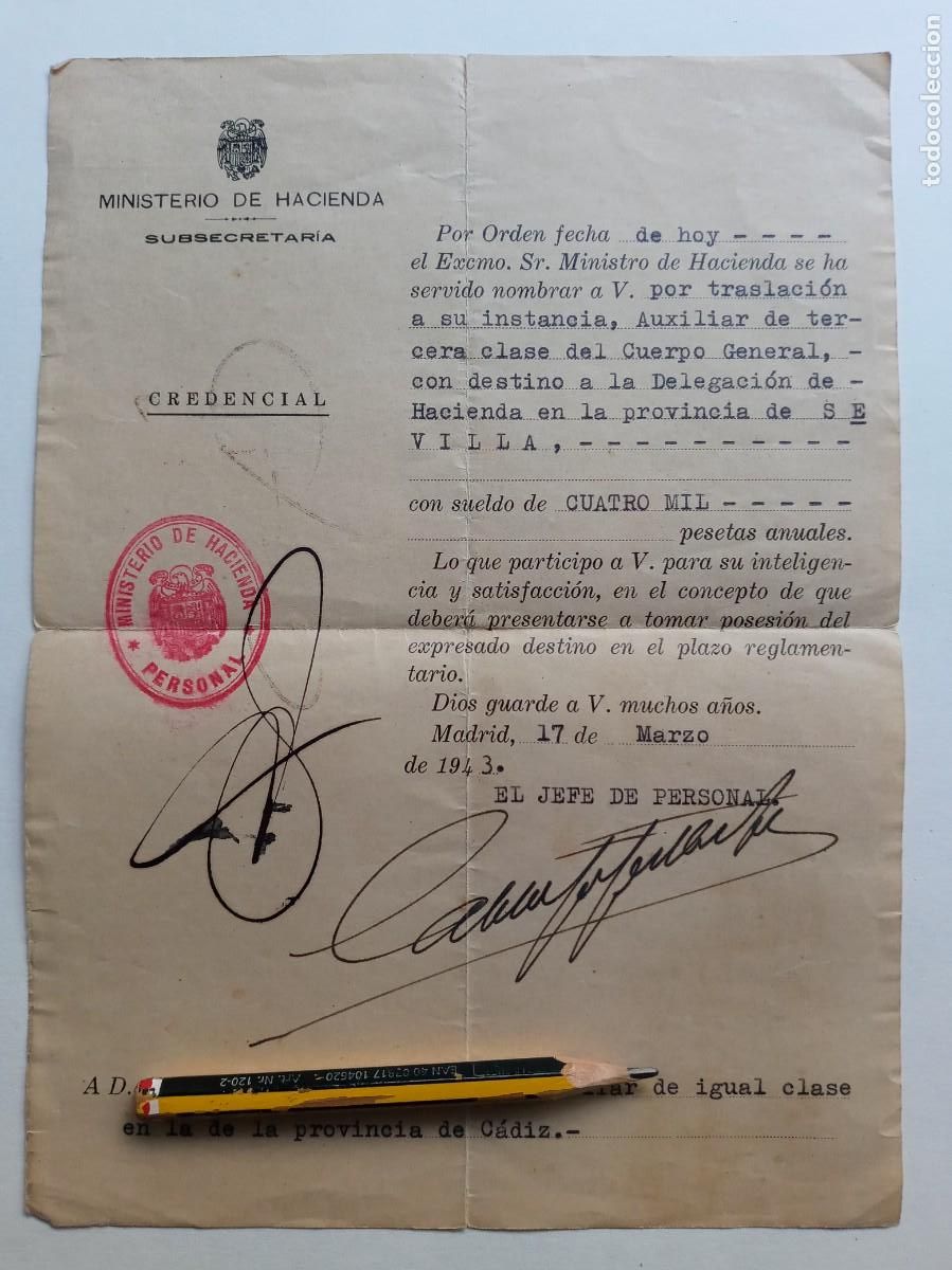 Documentos antiguos: MINISTERIO DE HACIENDA: CREDENCIAL FINCIONARIO. SEVILLA, 1943