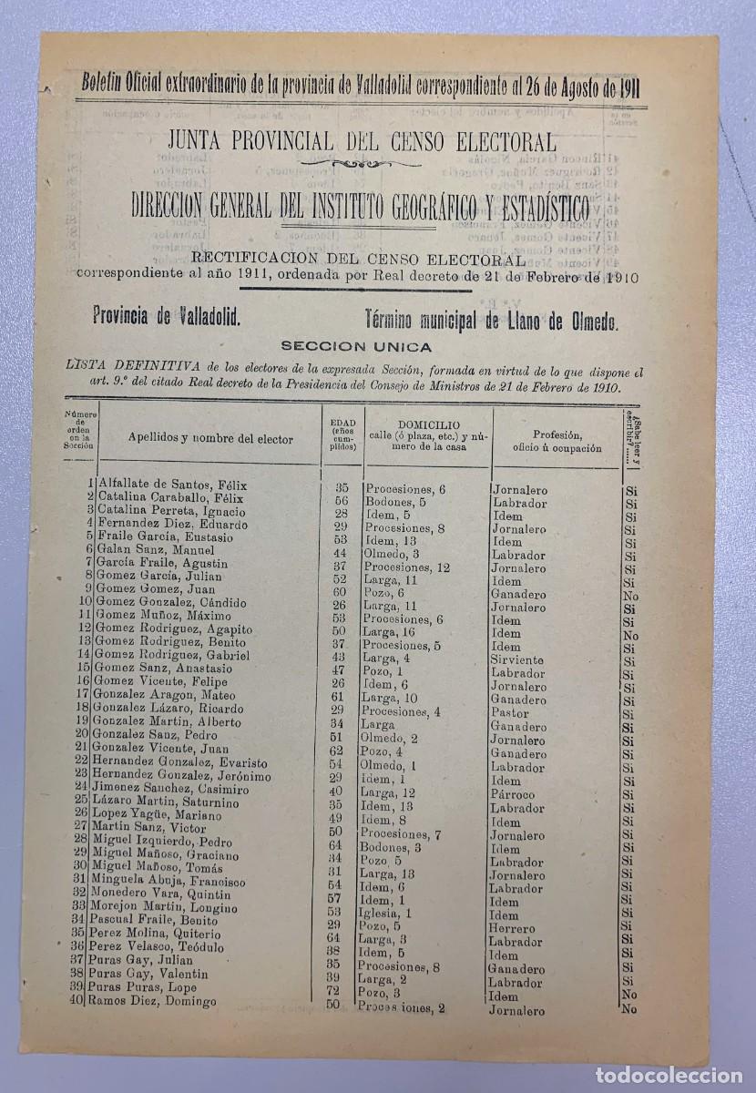 Documentos antiguos: LLANO DE OLMEDO - VALLADOLID - 1911 - Censo del T&eacute;rmino Municipal
