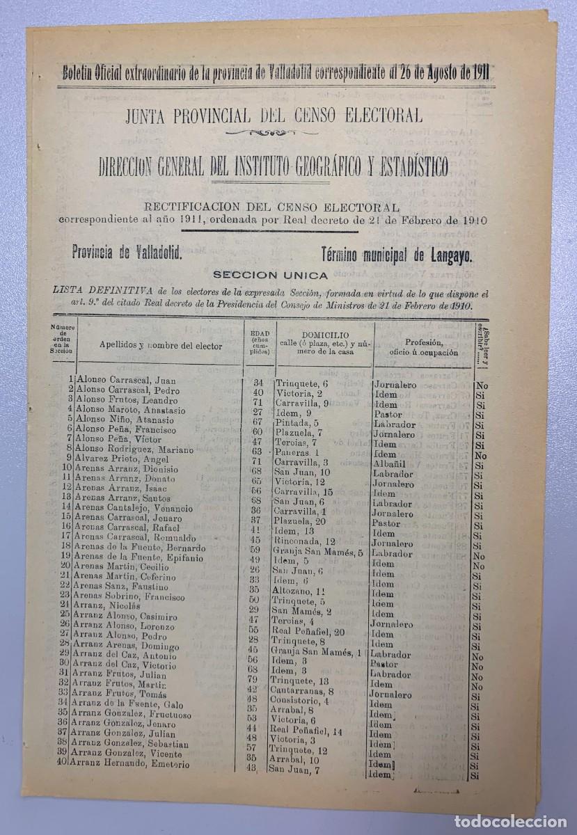 Documentos antiguos: LANGAYO - VALLADOLID - 1911 - Censo del T&eacute;rmino Municipal - ORGANISTA, CARPINTERO