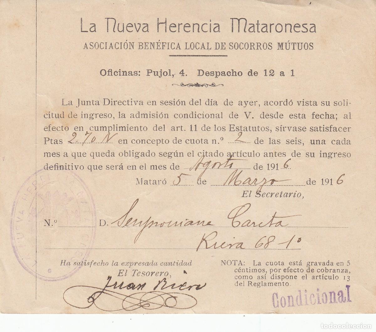 Documentos antiguos: LA NUEVA HERENCIA MATARONESA-ASOC. LOCAL DE SOCORROS MUTUOS -MATAR&Oacute;-ACEPTACI&Oacute;N SOCIO 1916
