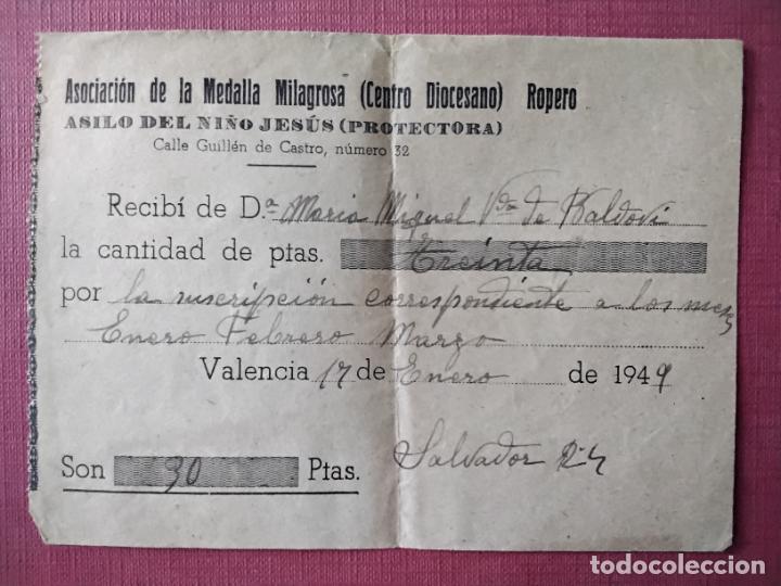 Documentos antiguos: recibo ropero asociacion medalla milagrosa 1949 protectora asilo ni&ntilde;o jesus valencia
