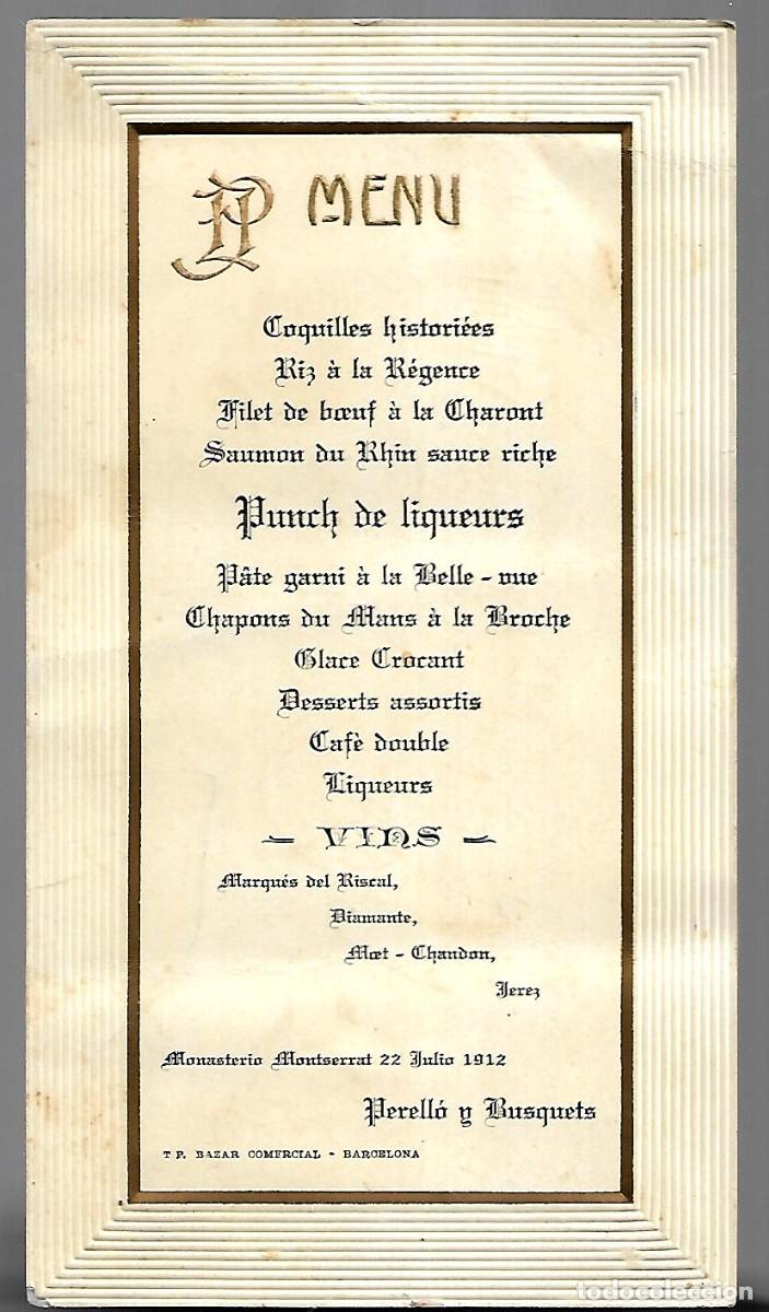 Documentos antiguos: M38- MONASTERIO DE MONTSERRAT DEL 22 -7- 1.912- TARJETA DEL MENU DEL RESTAURANTE EN CATALAN MUY RARA