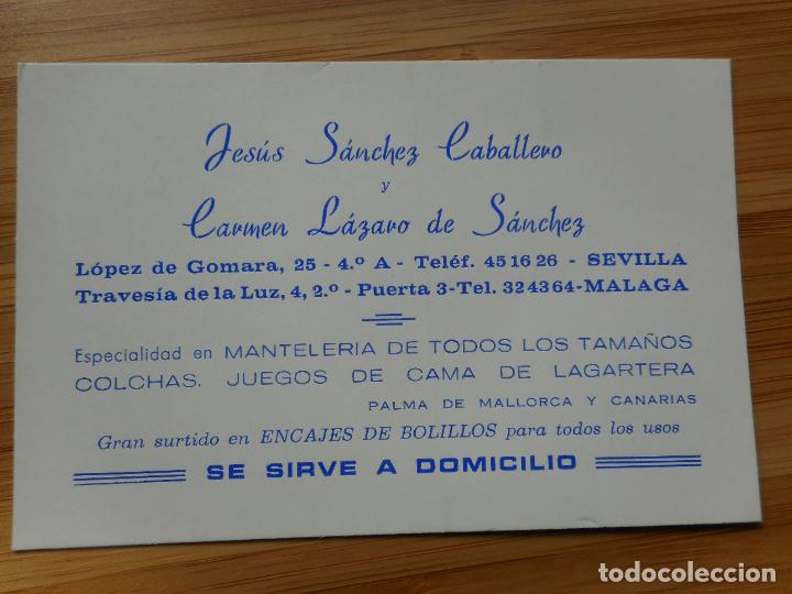 Documentos antiguos: TARJETA COMERCIAL. MANTELERIA. JESUS SANCHEZ CABALLERO-CARMEN LAZARO SANCHEZ. SEVILLA MALAGA