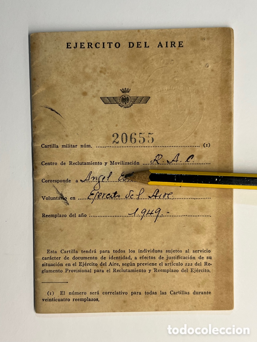 Documentos antiguos: EJERCITO DEL AIRE Cuatro Vientos, Madrid. Cartilla de alistamiento de un joven Guadalajara (a.1949)