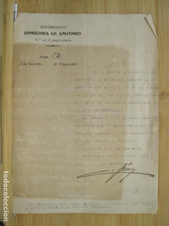 Documentos antiguos: REGIMIENTO DRAGONES DE SANTIAGO 9&ordm; DE CABALLERIA-DOCUMENTO FIRMADO POR EL CORONEL-A&Ntilde;O 1919-(K-7742)