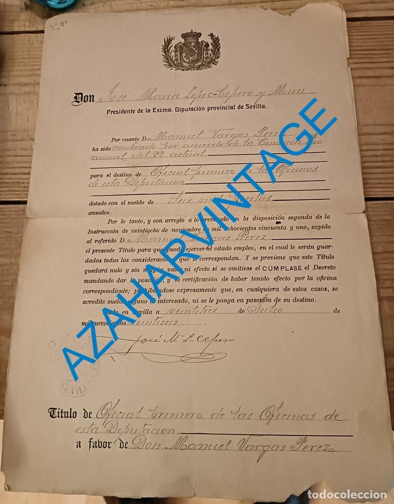 Old Documents: SEVILLA, 1923, COMUNICACION DESTINO, FIRMA PRESIDENTE DE LA DIPUTACION, JOSE MARIA LOPEZ-CEPERO MURU