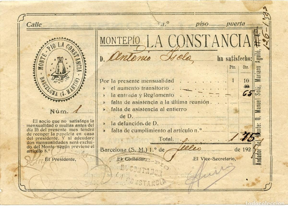 Documentos antiguos: Recibo Montep&iacute;o La Constancia (Barcelona, 1924)