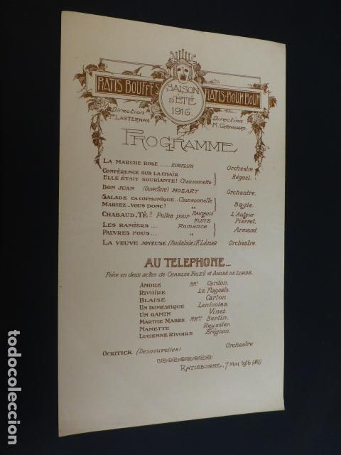 Documentos antiguos: RATISBONA FRANCIA PROGRAMA FUNCION TEATRAL AU TELEPHONE 1916