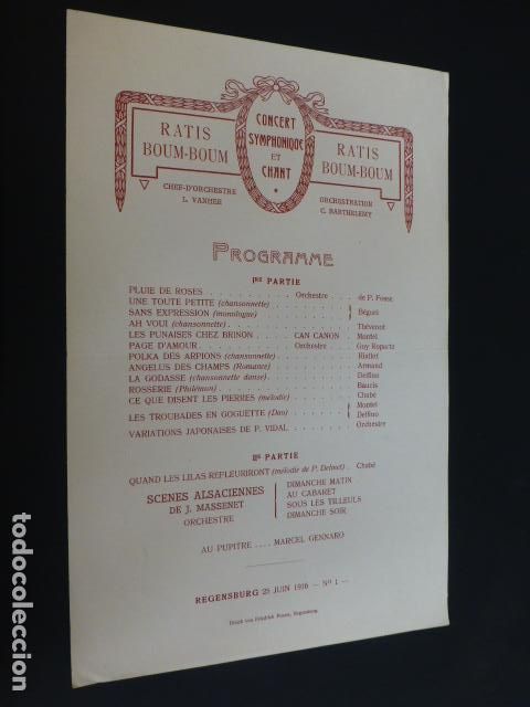 Documentos antiguos: RATISBONA FRANCIA PROGRAMA CONCIERTO 1916 - Foto 1