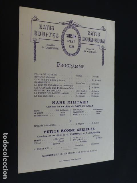 Documentos antiguos: RATISBONA FRANCIA PROGRAMA FUNCION TEATRAL 1916 - Foto 1