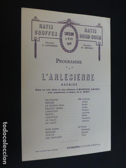 Documenti antichi: RATISBONA FRANCIA PROGRAMA FUNCION TEATRAL LA ARLESIANA 1916