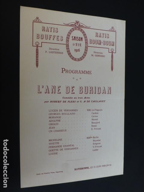 Documentos antiguos: RATISBONA FRANCIA PROGRAMA FUNCION TEATRAL L&acute;ANE DE BURIDAN 1916 - Foto 1