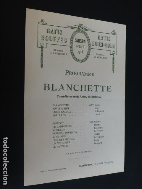 Documentos antiguos: RATISBONA FRANCIA PROGRAMA FUNCION TEATRAL BLANCHETTE 1916 - Foto 1
