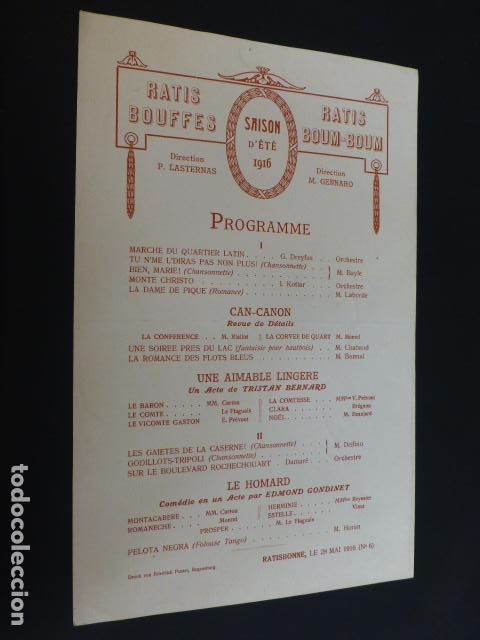 Documentos antiguos: RATISBONA FRANCIA PROGRAMA FUNCION TEATRAL 1916 - Foto 1