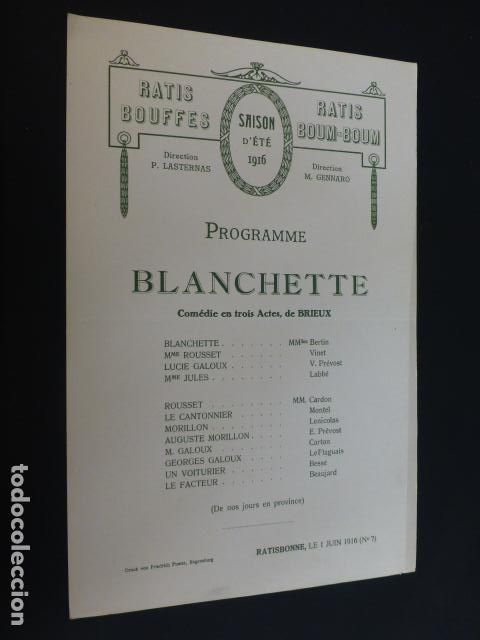 Documentos antiguos: RATISBONA FRANCIA PROGRAMA FUNCION TEATRAL BLANCHETTE 1916 - Foto 1