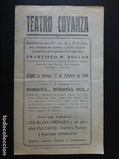 Old Documents: VALENCIA DE DON JUAN LEON TEATRO COYANZA 1934 PROGRAMA DIPTICO FUNCION TEATRAL