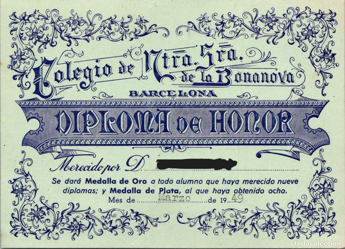 Documentos antiguos: Barcelona - Colegio de Ntra. Sra. de la Bonanova - Diploma de Honor - Marzo 1949 - 137x99mm