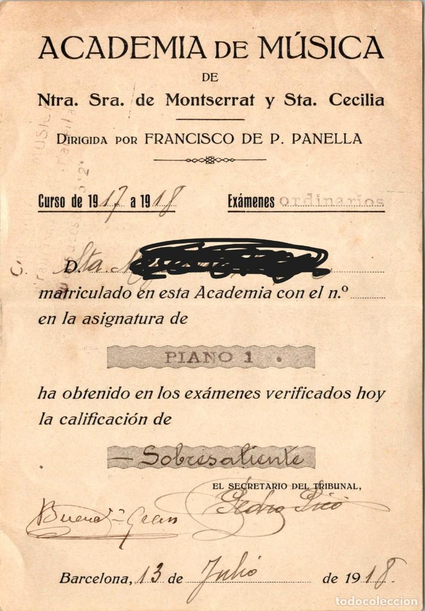 Documentos antiguos: Barcelona -Academia de M&uacute;sica-Ntra. Sra. de Montserrat y Sta. Cecilia-Notas-Piano 1- 1918- 160x110mm