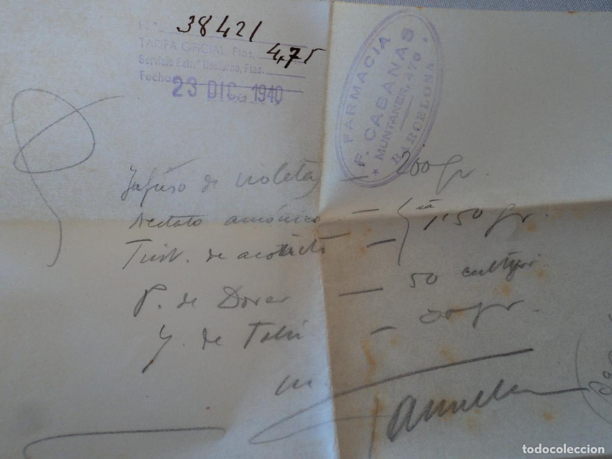 Documents Anciens: ANTIGUA RECETA FARMACIA F. CABANAS, CALLE MUNTANER 476, 1940
