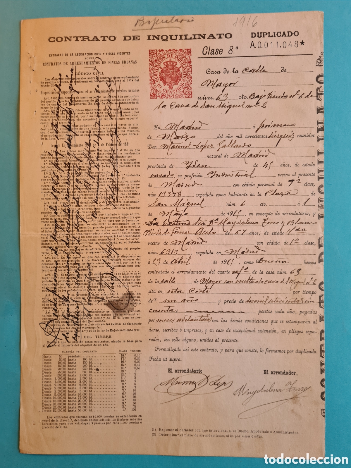 Old Documents: ANTIGUO CONTRATO DE INQUILINATO - MADRID CALLE MAYOR - A&Ntilde;O 1916 - SELLO FISCAL 10 CENTIMOS