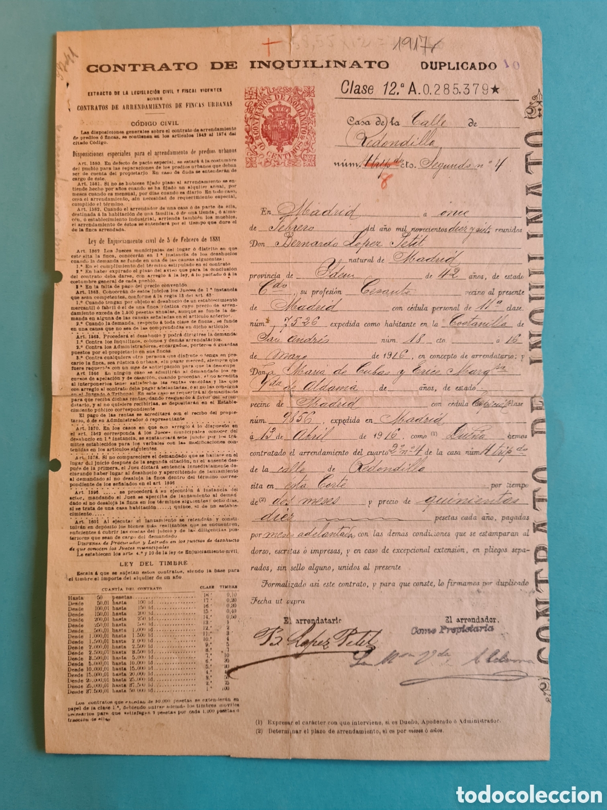 Old Documents: ANTIGUO CONTRATO DE INQUILINATO - MADRID CALLE REDONDILLA - A&Ntilde;O 1917 - SELLO FISCAL 10 CENTIMOS