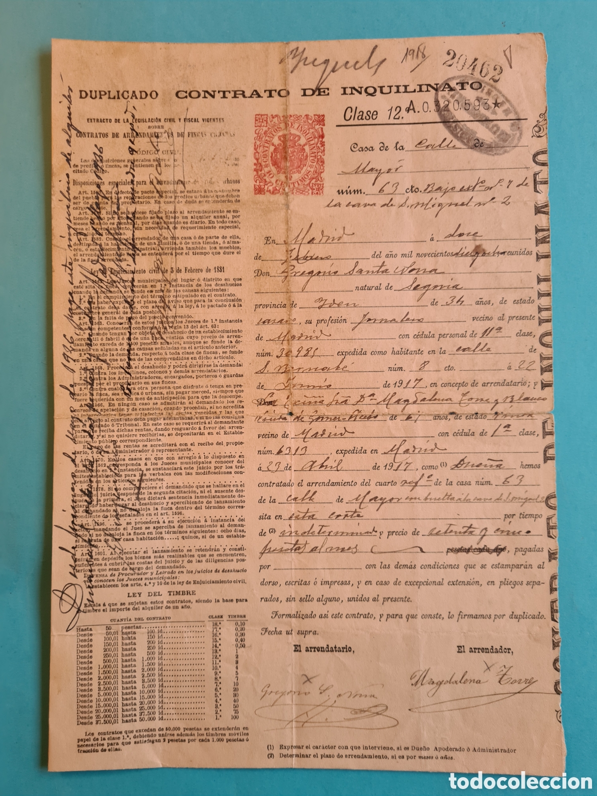 Old Documents: ANTIGUO CONTRATO DE INQUILINATO - MADRID CALLE MAYOR - A&Ntilde;O 1918 - SELLO FISCAL 10 CENTIMOS