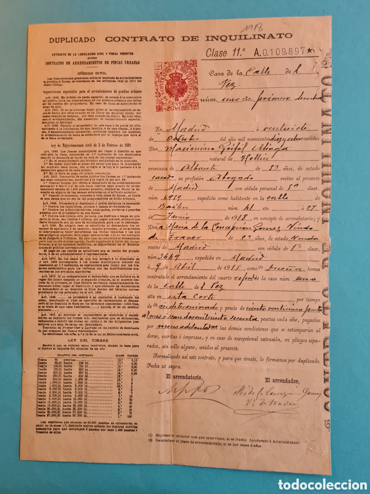 Old Documents: ANTIGUO CONTRATO DE INQUILINATO - MADRID CALLE DEL PEZ - A&Ntilde;O 1918 - SELLO FISCAL 10 CENTIMOS