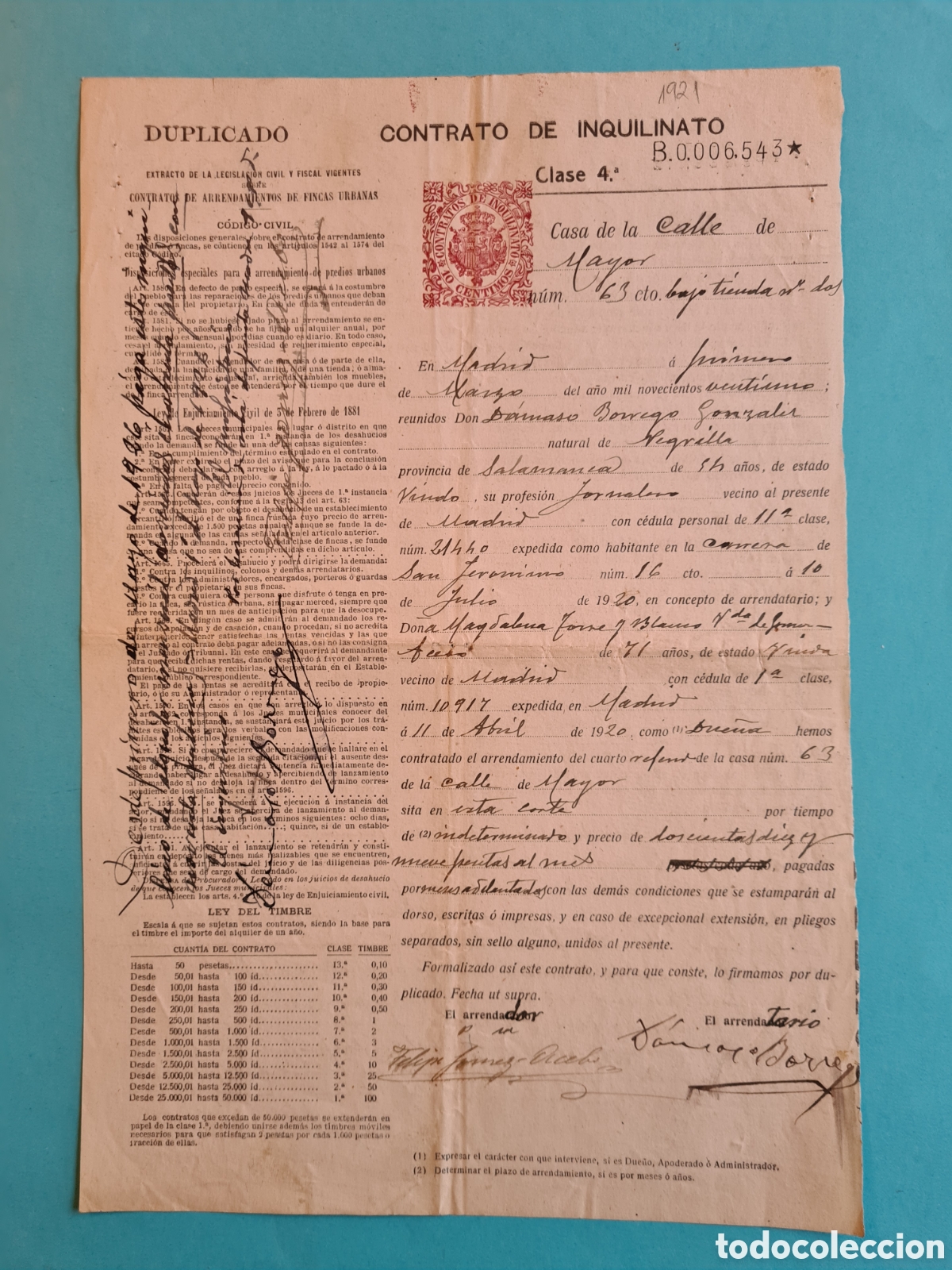Old Documents: ANTIGUO CONTRATO DE INQUILINATO - MADRID CALLE MAYOR - A&Ntilde;O 1921- SELLO FISCAL 10 CENTIMOS