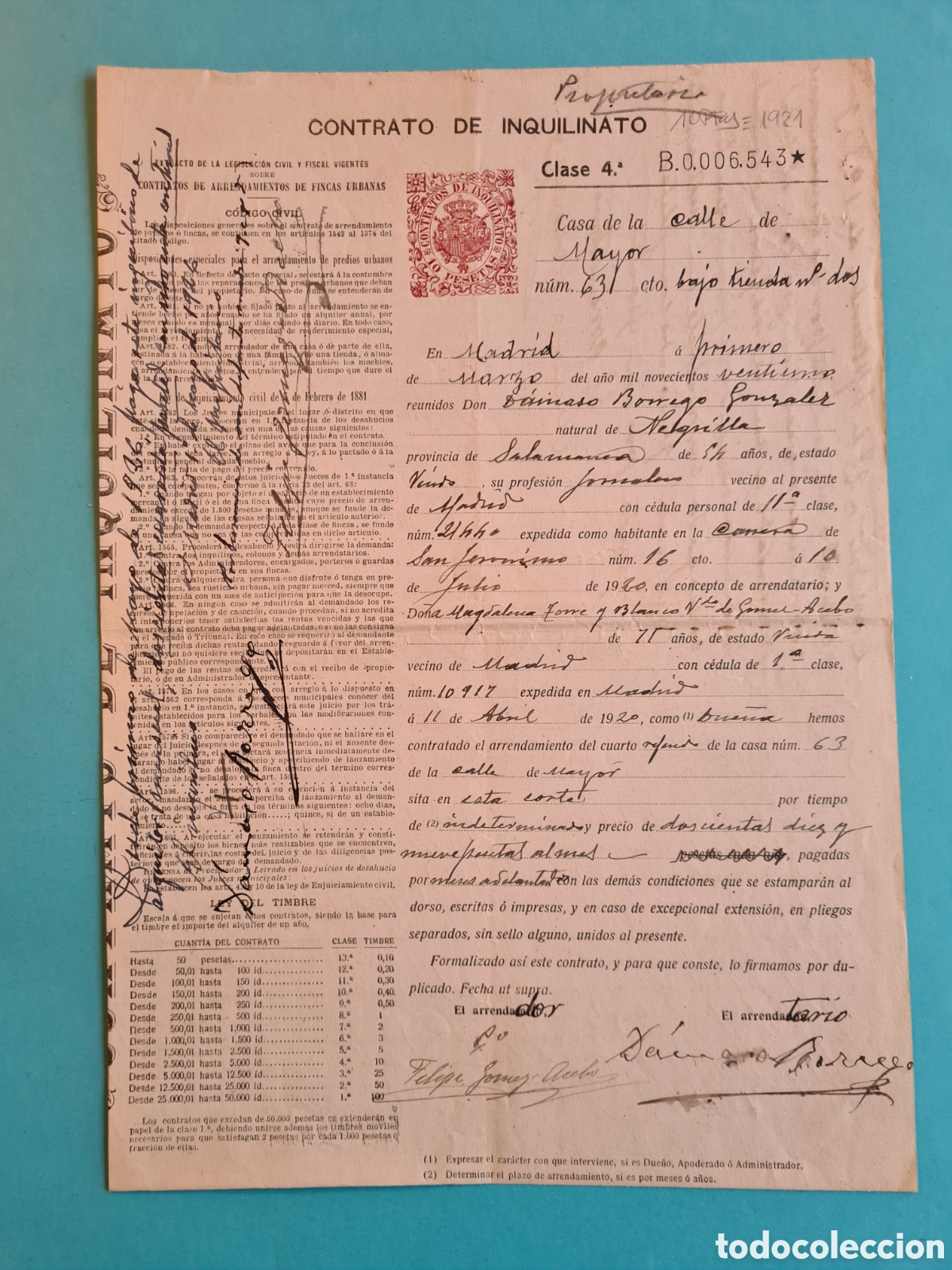 Alte Dokumente: ANTIGUO CONTRATO DE INQUILINATO - MADRID CALLE MAYOR - A&Ntilde;O 1921- SELLO FISCAL 10 PESETAS