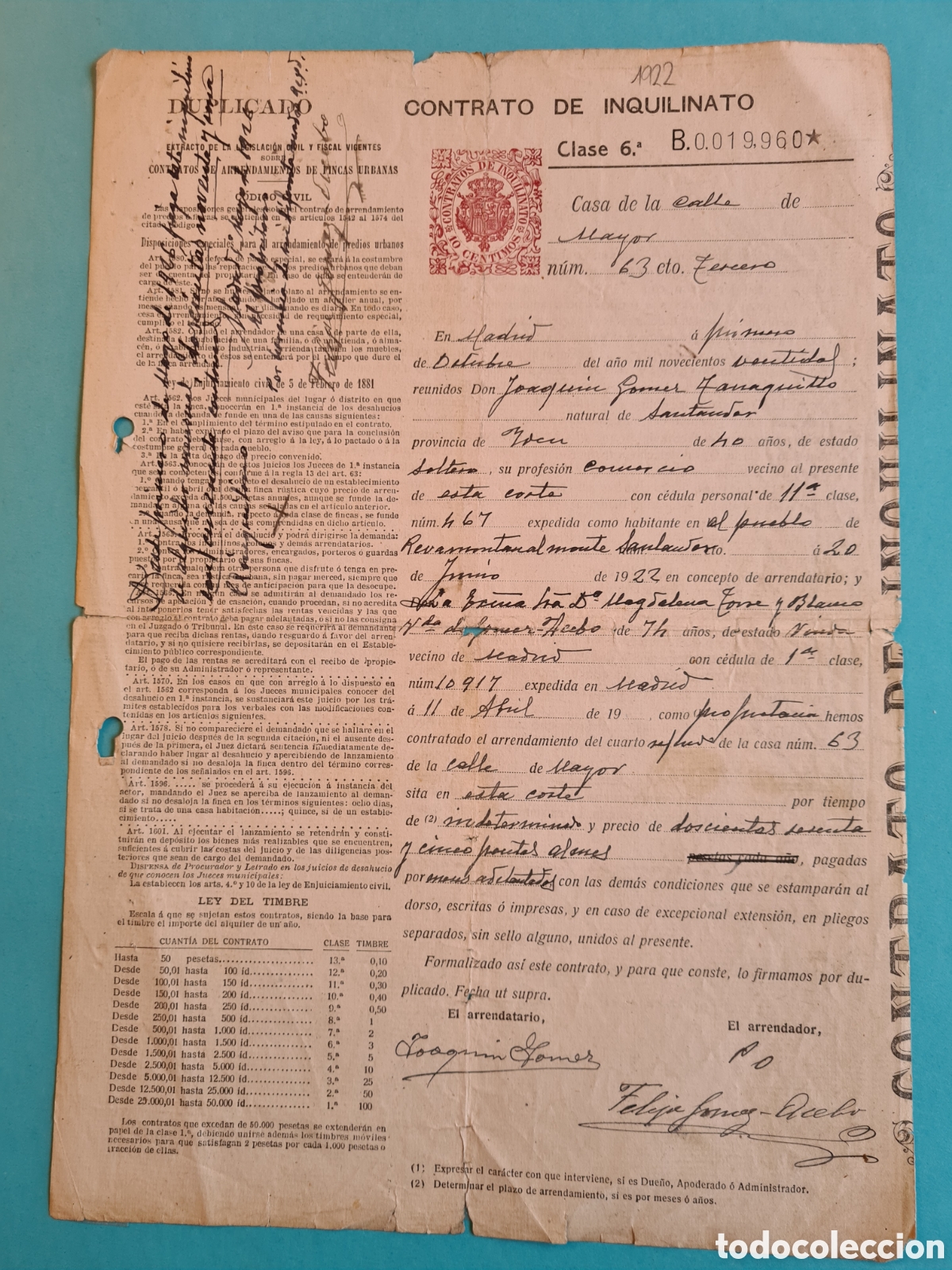 Old Documents: ANTIGUO CONTRATO DE INQUILINATO - MADRID CALLE MAYOR - A&Ntilde;O 1922- SELLO FISCAL 10 CENTIMOS