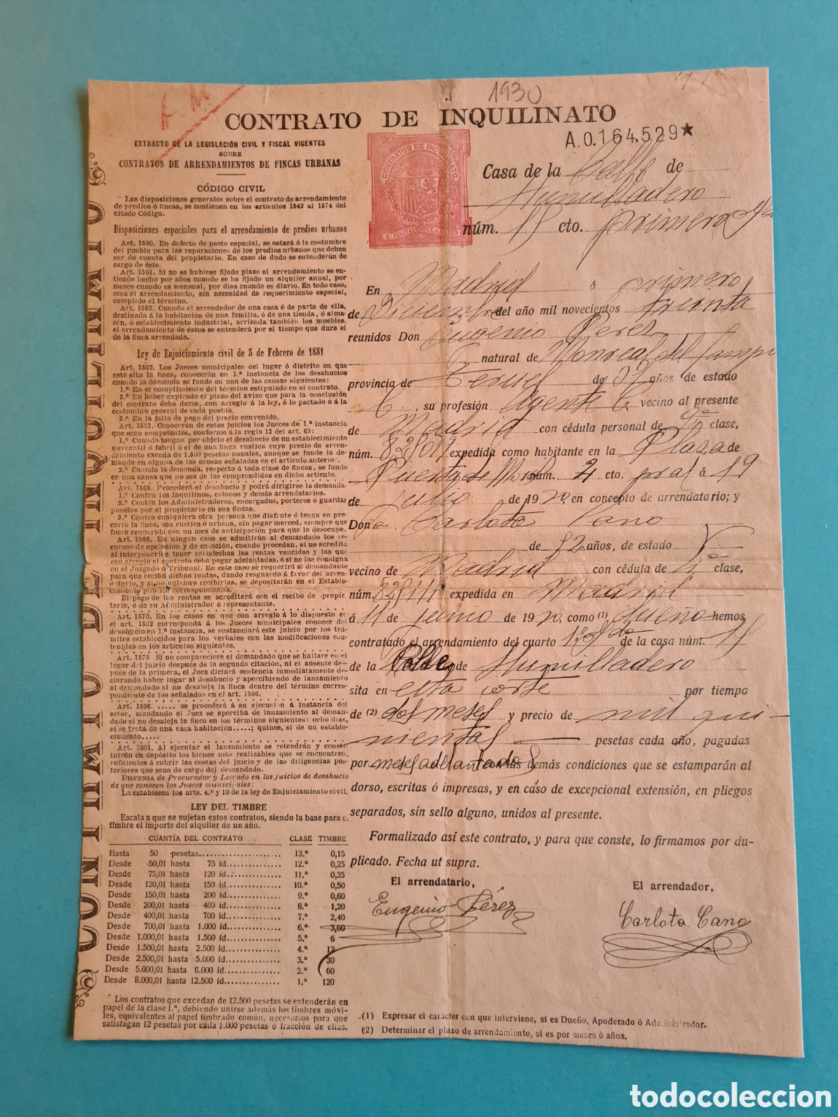Alte Dokumente: ANTIGUO CONTRATO DE INQUILINATO - MADRID CALLE HUMILLADERO - A&Ntilde;O 1930- SELLO FISCAL 8 PESETAS