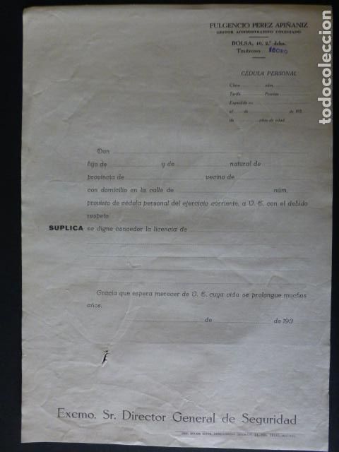 Documentos antigos: MADRID A&Ntilde;OS 30 INSTANCIA PARA LICENCIA DE ARMAS DIRIGIDA AL DIRECTOR GENERAL DE SEGURIDAD