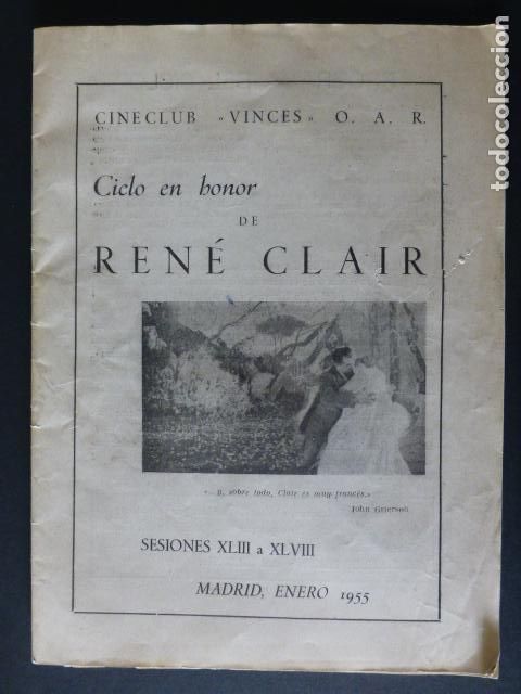 Old Documents: CINE CLUB VINCES MADRID 1955 PROGRAMA REVISTA CICLO EN HONOR RENE CLAIR