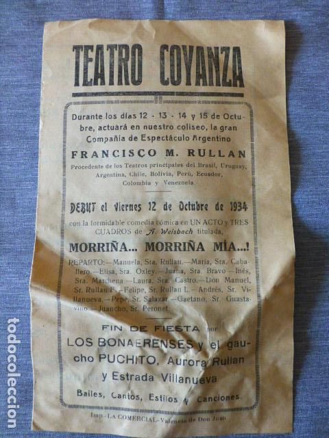 Documentos antiguos: VALENCIA DE DON JUAN LEON TEATRO COYANZA PROGRAMA DE MANO 1934 FUNCION MORRI&Ntilde;A MORRI&Ntilde;A MIA