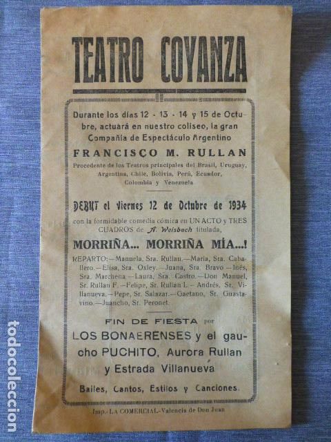 Documentos antigos: VALENCIA DE DON JUAN LEON TEATRO COYANZA PROGRAMA DE MANO 1934 FUNCION MORRI&Ntilde;A MORRI&Ntilde;A MIA